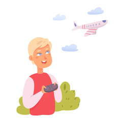 Man playing with radio controlled plane, pilot holding device to control RC airplane