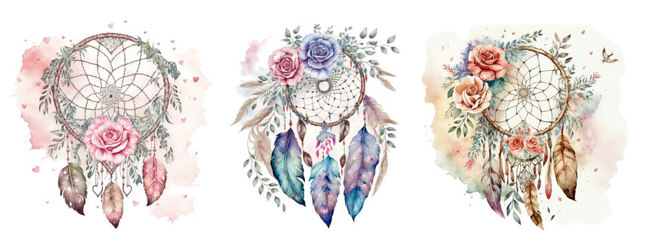 Set of watercolor dreamcatcher isolated on white. Generative AI, edited in Photoshop. Perfect stickers set