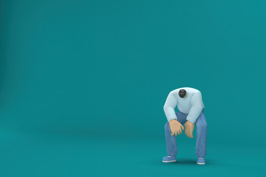 Cartoon Character Wearing Jeans And  Long Shirt. He Is Sad Or In Pain. 3d Rendering In Acting.