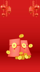 Obraz na płótnie Canvas Chinese New Year 3D Illustration With Ornament For Event Promotion Social Media Landing Page with red envelope and coins for chinese new year celebration