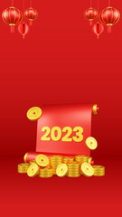 Chinese New Year 3D Illustration With Ornament For Event Promotion Social Media Landing Page red lanterns with paper scroll and coins asian paper lamps