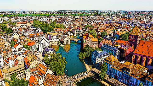 Strasbourg, France. Quarter Petite France. Bright cartoon style illustration. Aerial view