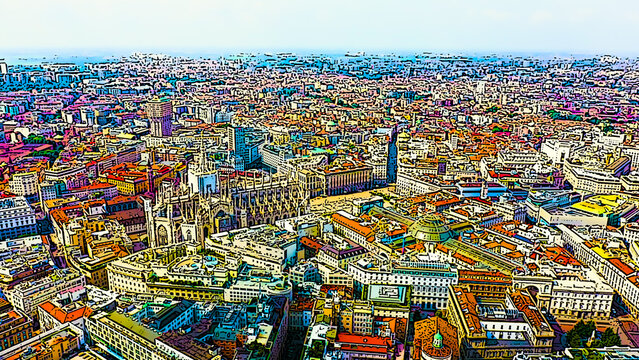 Milan, Italy. Roofs of the city. Historical part. Bright cartoon style illustration. Aerial view © nikitamaykov