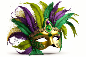 Gold, purple and green glittery mardi gras mask on a white background. Generative AI illustration