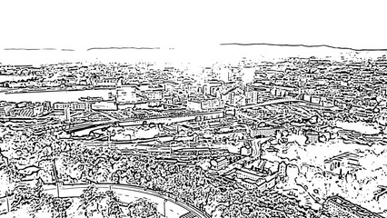 Oslo, Norway. The central part of the city. Doodle sketch style. Aerial view