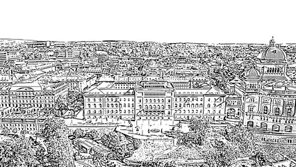 Bern, Switzerland. Federal Palace - Bundeshaus. Historic city center. Doodle sketch style. Aerial view