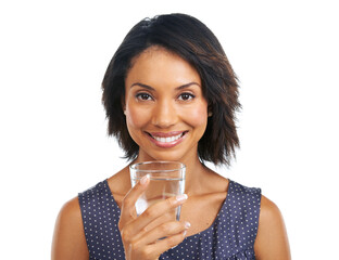 Portrait, health or black woman drinking water in studio on white background with marketing mockup space. Happy, face or healthy girl drinks natural liquid or glass beverage for hydration or wellness