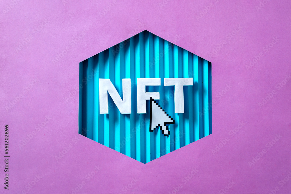 Poster nft 3d letters and mouse arrow as a concept of blockchain technologies of the future for sale in the