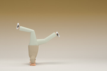 A man with glasses wearing brown cloth.  He is doing exercise.  3d rendering of cartoon character in acting.