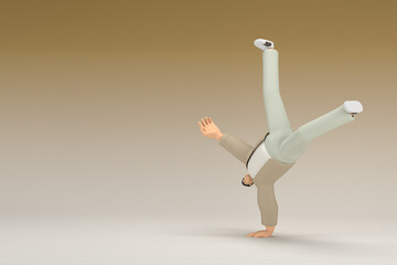 A man with glasses wearing brown cloth.  He is doing exercise.  3d rendering of cartoon character in acting.