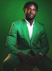 Fashion, formal and black man in a green suit sitting on a chair in studio with a luxury outfit. Elegant, stylish and portrait of an African male model with fashionable clothes isolated by background