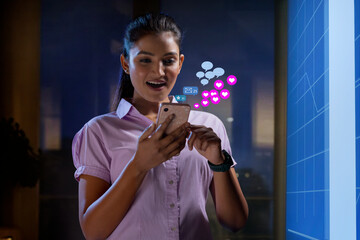 Businessman using modern interface on phone with virtual digital display