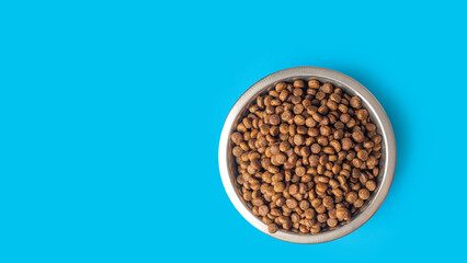 dry pet food in a metal bowl isolated on blue background, copy space. Food for cats and dogs pattern.