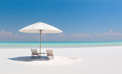 Paradisiac white sandy beach with two chairs and an umbrella. Panoramic view. Generative AI illustration.