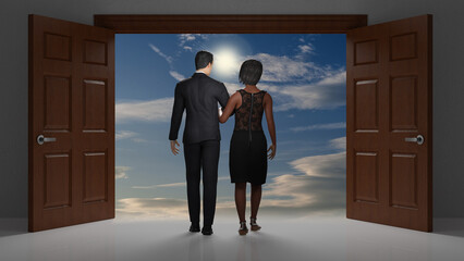 San Valentino. Amore. Coppia di un uomo ed una donna oltrepassano porta aperta e si avviano insieme verso il futuro.