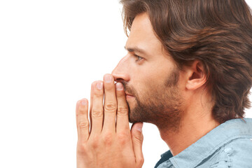 Thinking, doubt and mockup with a man in studio isolated on a white background being confused by an idea. Face, profile and praying with a handsome male looking at mock up in a thoughtful pose