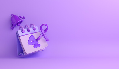 Obraz premium World cancer day concept with awareness lavender ribbon, February 4th calendar, notification bell, decoration background, copy space text, 3d rendering illustration