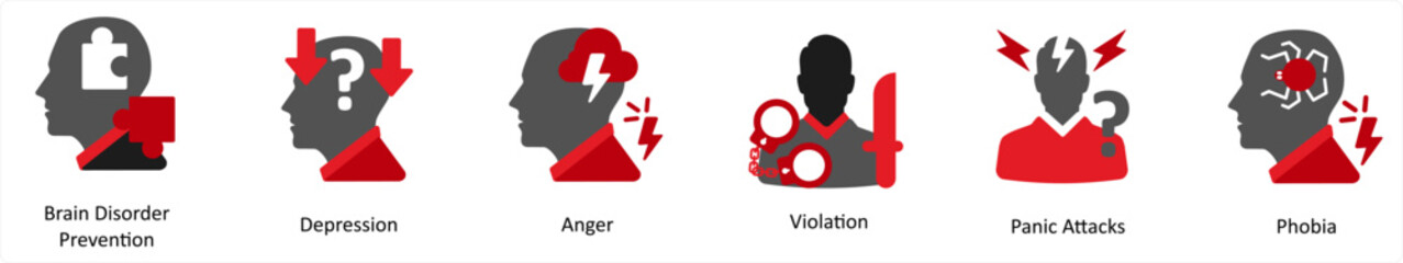 Six mix icons in red and black as brain disorder prevention, depression