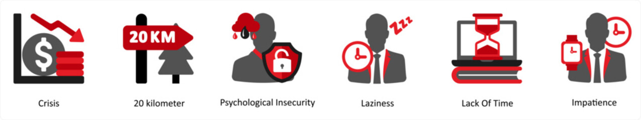 Six mix icons in red and black as crisis, 20 kilometer, psychological insecurity