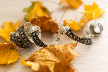 Autumn fallen leaves, measuring tape and caliper on wooden background.