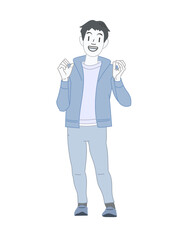 冬にジャケットを着た男性が仕草をしている様子　青色素材