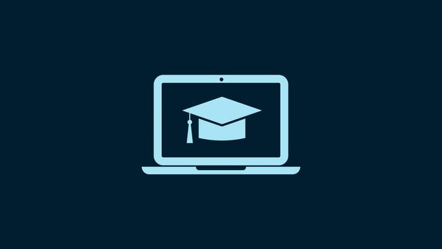 White Graduation cap on screen laptop icon isolated on blue background. Online learning or e-learning concept. 4K Video motion graphic animation
