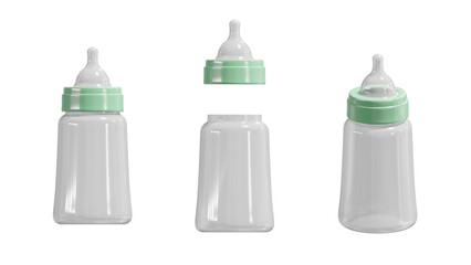 Baby bottle on white, 3d rendering of green baby bottle mock up PNG transparent