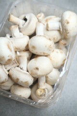 Champignon mushrooms in the plastic box at the grey background	