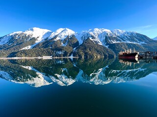 reflection of mountains on the ocean 