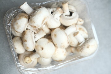 Champignon mushrooms in the plastic box at the grey background	