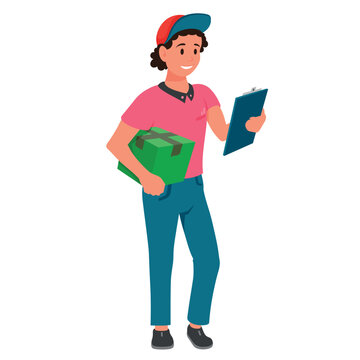 Deliveryman with box parcel and clipboard shipping post service isometric vector illustration