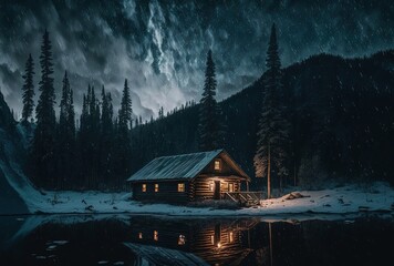beautiful aurora light in sky over winter landscape, wooden cabin, snow ground, fir tree , galaxy sky