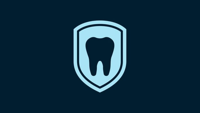 White Dental protection icon isolated on blue background. Tooth on shield logo icon. 4K Video motion graphic animation