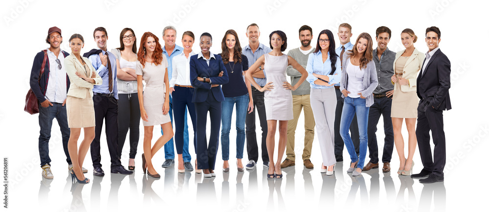 Poster people, diversity and standing with smile together for profile, team or unity against a white studio