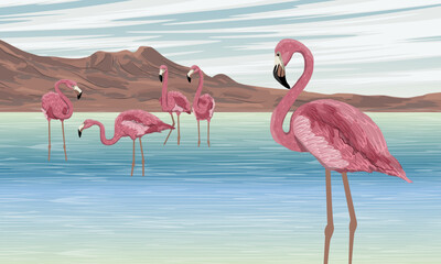 Fototapeta na wymiar A flock of red flamingos on the shore and in the sea. Caribbean flamingo. Wild birds of South America, Galapagos and Caribbean islands. Realistic vector landscape