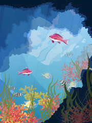 Big coral reef. Corals, algae and a variety of tropical fish. Realistic vector vertical underwater landscape.