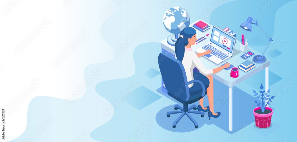 Wall mural concept of online education. landing page template. student sitting at desk and looking at computer 
