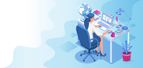 Concept of online Education. Landing page template. Student sitting at desk and looking at computer monitor. Can use for web banner, infographics, and website. Illustration
