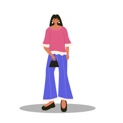 Flat design character women standing with bag. Fashionable girl illustration vector art.