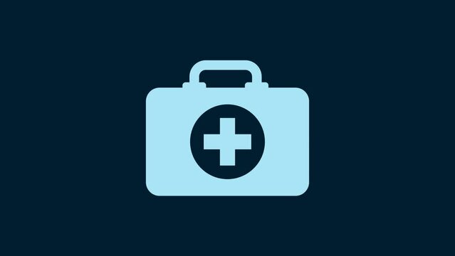 White First aid kit icon isolated on blue background. Medical box with cross. Medical equipment for emergency. Healthcare concept. 4K Video motion graphic animation