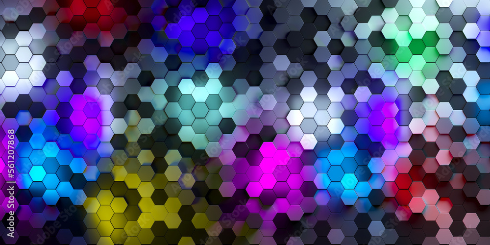 Poster 3d image of a decorative panel from multi-colored hexagons. background and texture