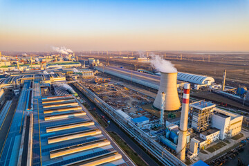 Urban factory chimney cooling tower aerial view, environmental pollution, air pollution