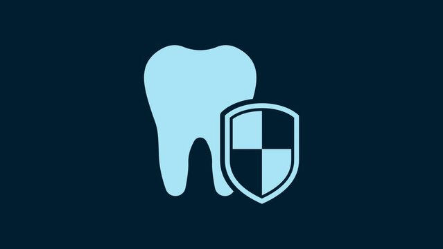 White Dental protection icon isolated on blue background. Tooth on shield logo. 4K Video motion graphic animation