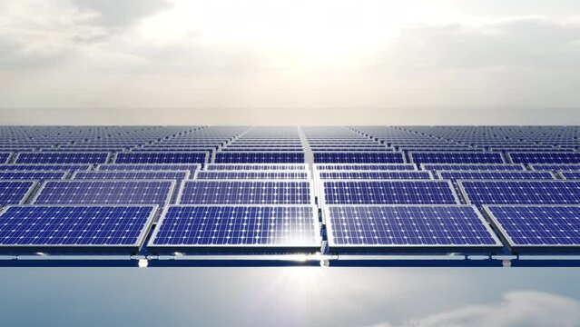 solar power energy panels dolly camera on the water lake. 3D animation.  solar cell energy power concept idea.