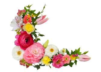 Flower spring arrangement on transparent background. Bouquet of roses, ranunculus, violets and hydrangea.