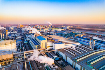 Urban factory chimney cooling tower aerial view, environmental pollution, air pollution