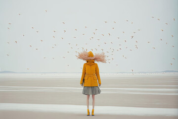 Generative AI minimalist illustration of a woman on the beach on a cloudy day looking at the sea and with her hair moved by the wind from which ideas come out in the form of birds. Conceptual and surr - obrazy, fototapety, plakaty
