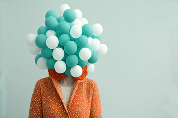 Generative AI minimalist illustration of a woman on a teal background with her head covered in balloons. Artwork conceptual 
 - obrazy, fototapety, plakaty