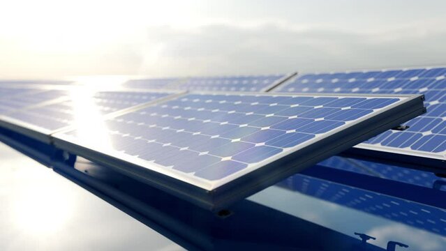 Close up solar power energy panels on the lake water. 3D animation. Time lapse