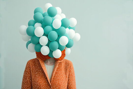 Generative AI minimalist illustration of a woman on a teal background with her head covered in balloons. Artwork conceptual 
